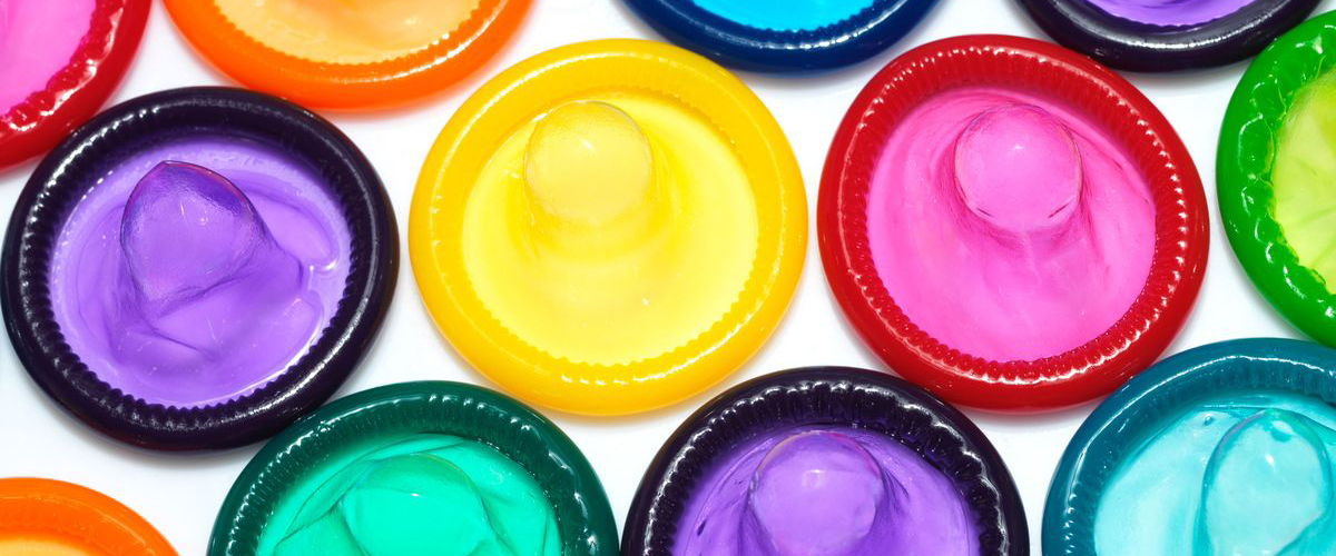 Colorful condoms in a row.